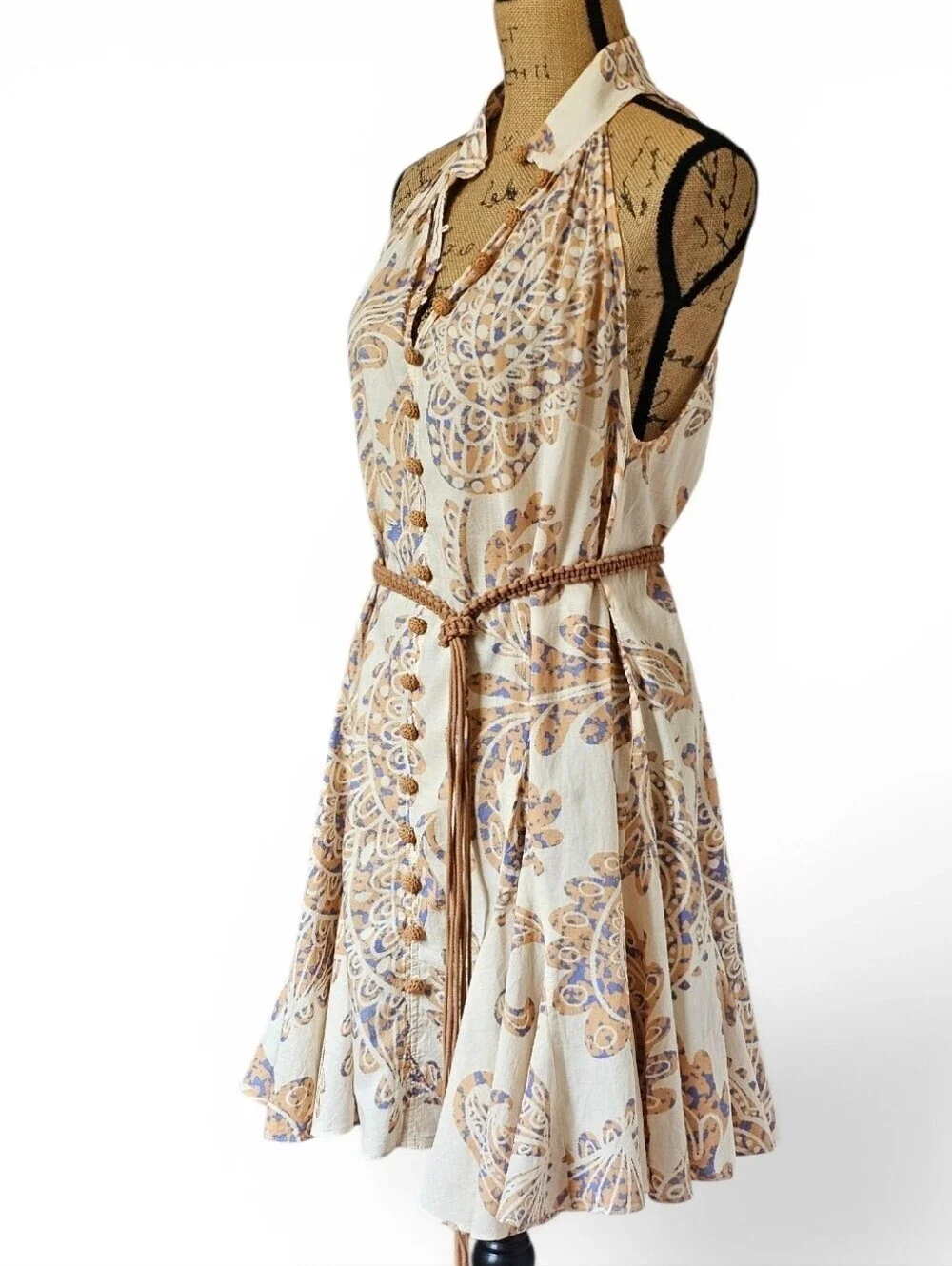 Zara Boho Cream Paisley Sleeveless Mini Dress Rope Belt Crochet Buttons, Size M